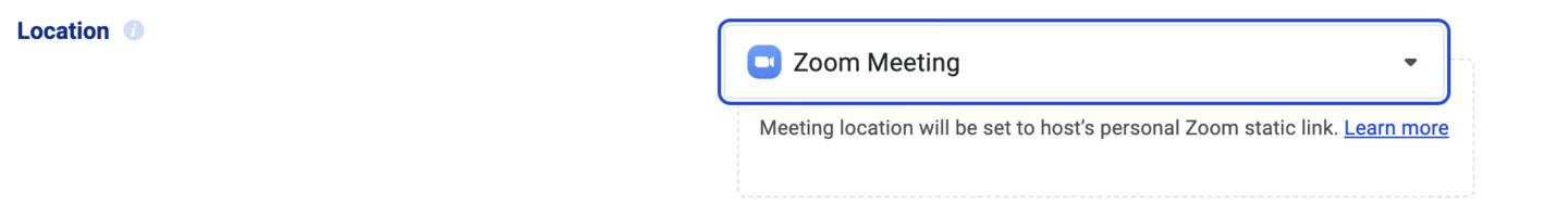 Standort-Feld auf Zoom Meeting gesetzt, mit dem persönlichen Zoom-Link des Hosts