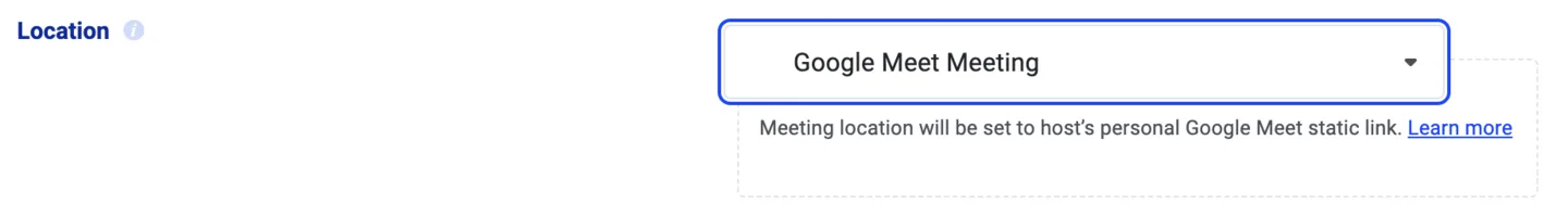 Standort-Feld auf Google Meet Meeting gesetzt, mit dem persönlichen Google-Meet-Link des Hosts