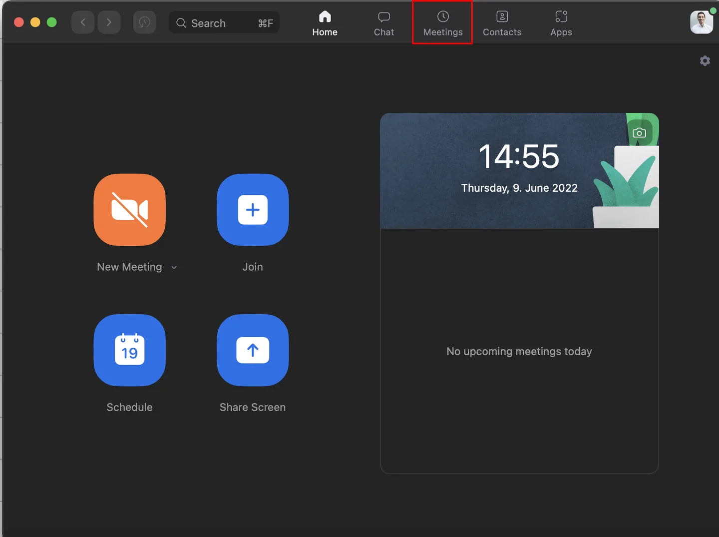 Zoom desktop app with the Meetings tab highlighted in the top navigation