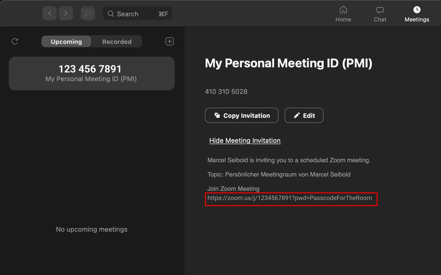 Zoom Personal Meeting ID invitation with the Join Zoom Meeting link highlighted