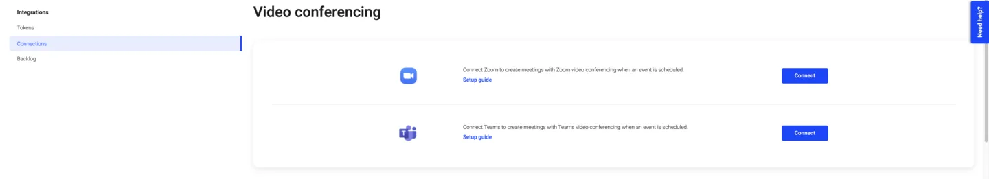 Demodesk video conferencing connections settings with a Connect button next to Zoom