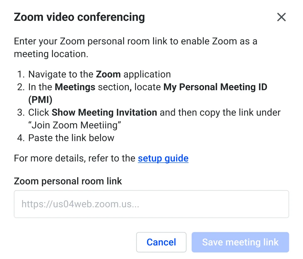 Zoom video conferencing modal with an empty field to paste the personal room link