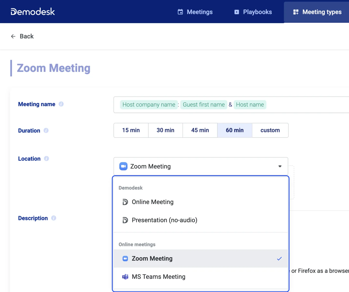 Meeting type location dropdown with Zoom Meeting selected under Online meetings