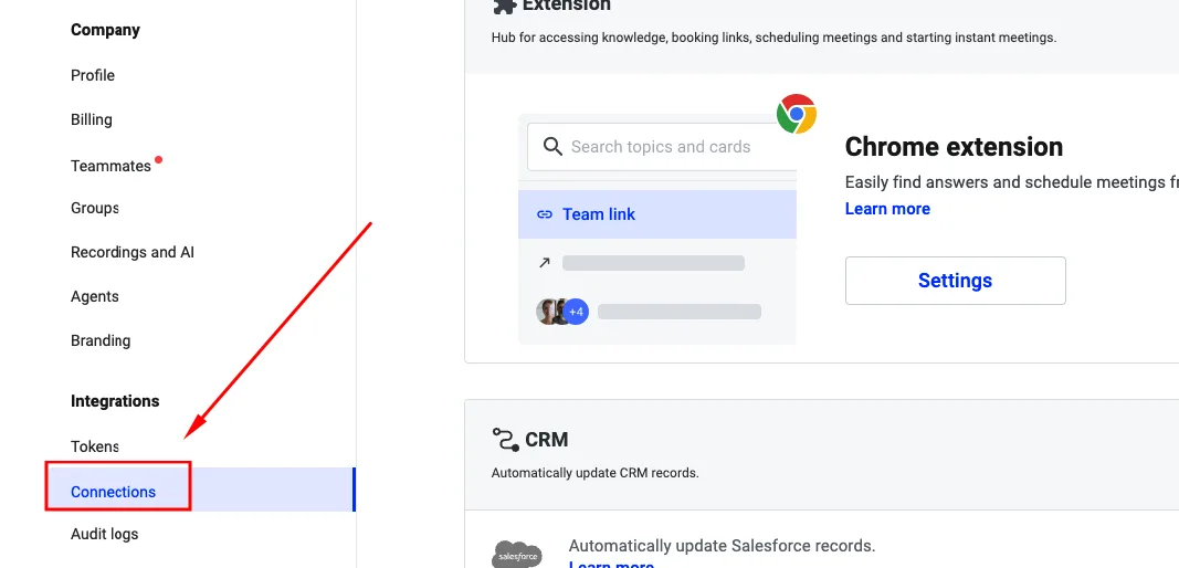 Settings menu with Connections highlighted, the page used to add the Webex integration