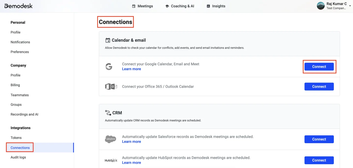 Connections page with Connect buttons highlighted next to Google Calendar and Outlook Calendar
