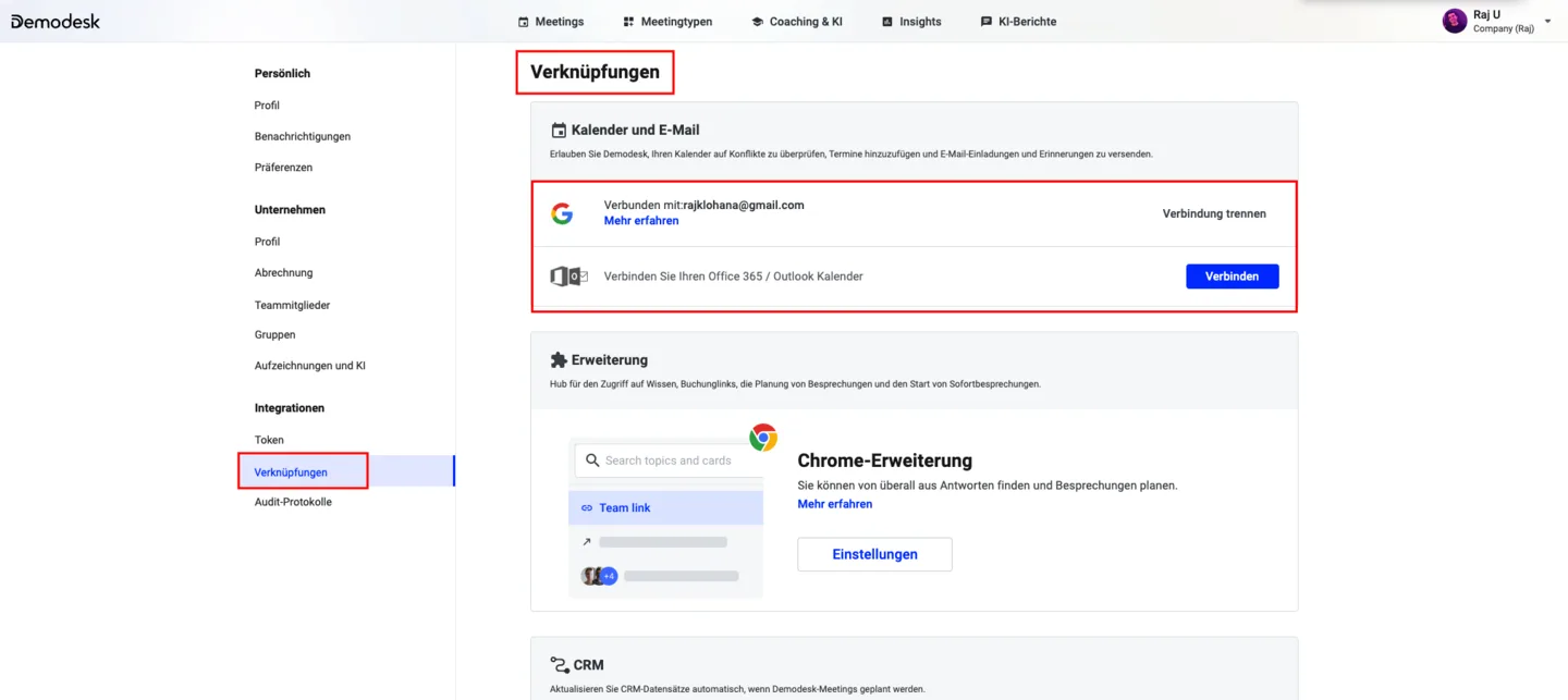 Verknüpfungen-Seite: Google Kalender verbunden, Outlook Kalender über Verbinden verknüpfbar