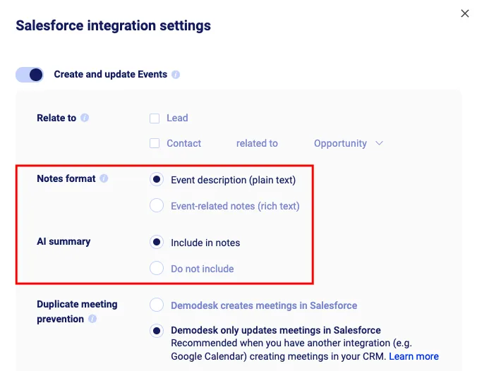 Salesforce integration settings with Notes format and AI summary options highlighted