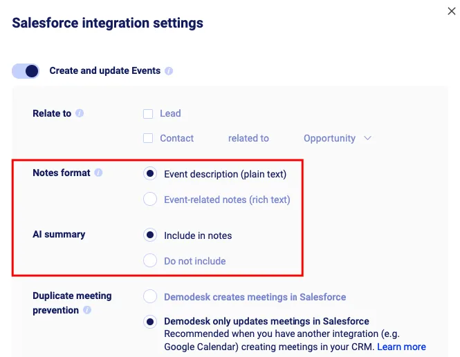 Salesforce-Integrationseinstellungen mit hervorgehobenen Optionen Notes format und AI summary