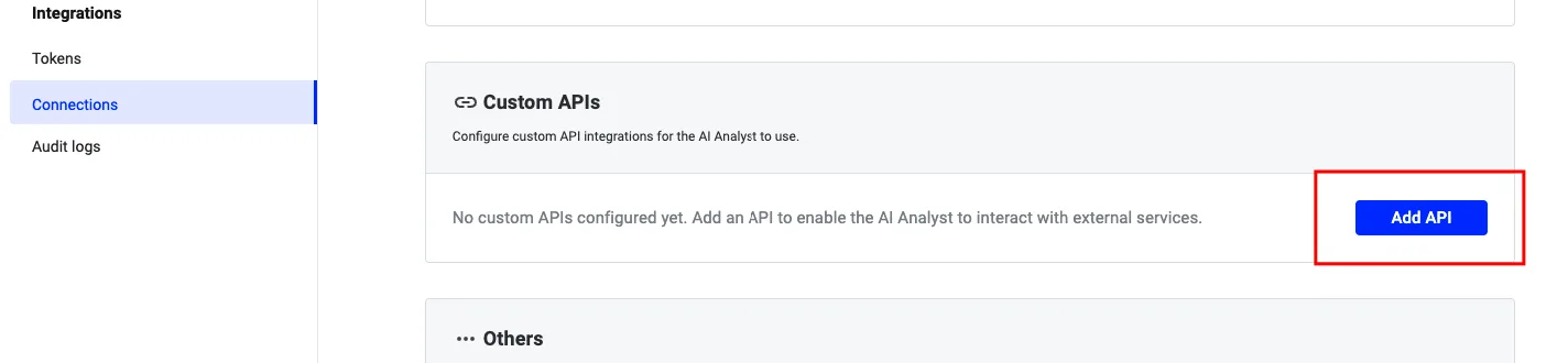 Connections settings page with the Custom APIs section and the Add API button highlighted