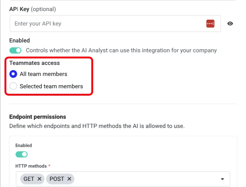Teammates access setting highlighted, with endpoint permissions listing GET and POST methods