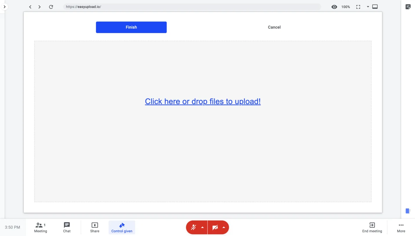 Upload overlay with a “Click here or drop files to upload” prompt and Finish, Cancel buttons