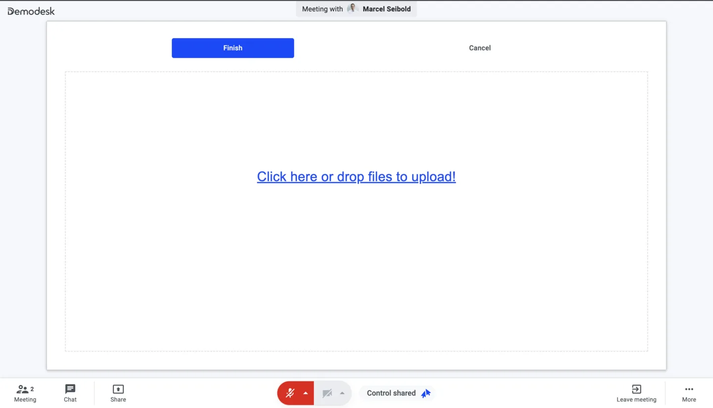 Participant's upload overlay with Finish and Cancel buttons, showing shared control