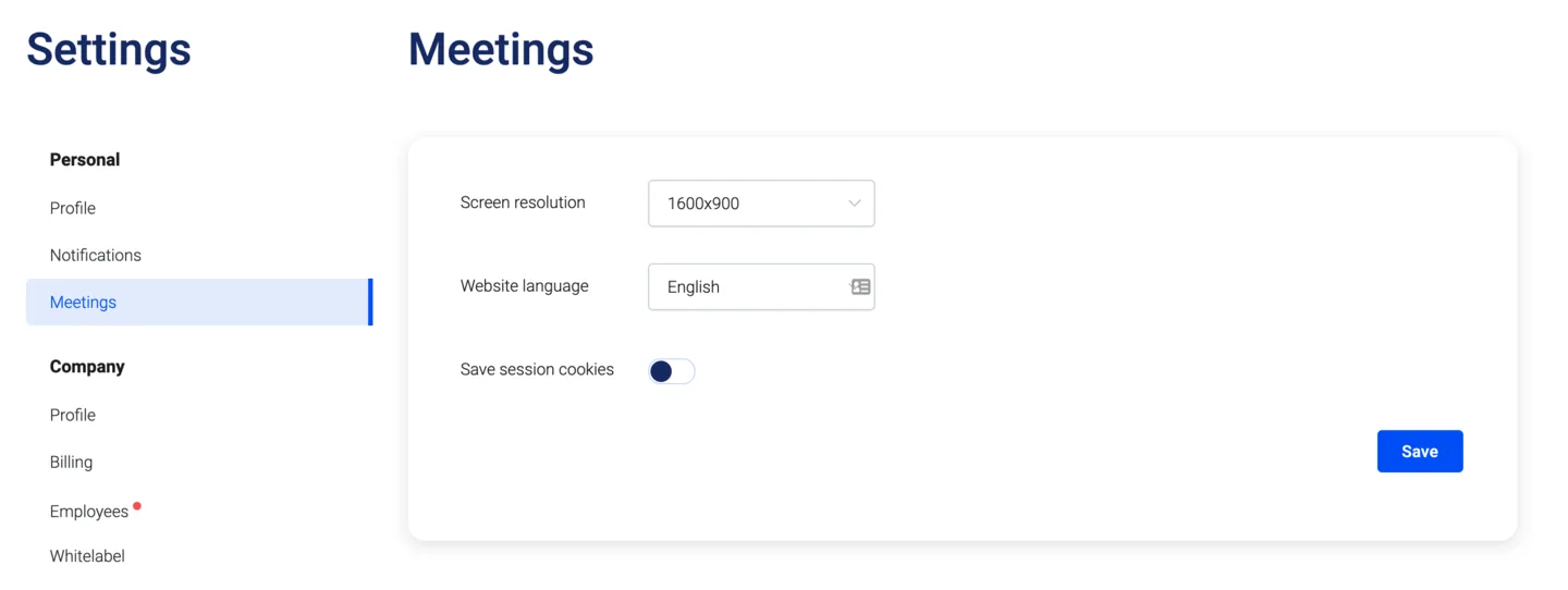Meetings settings page with website language set to English and a Save button
