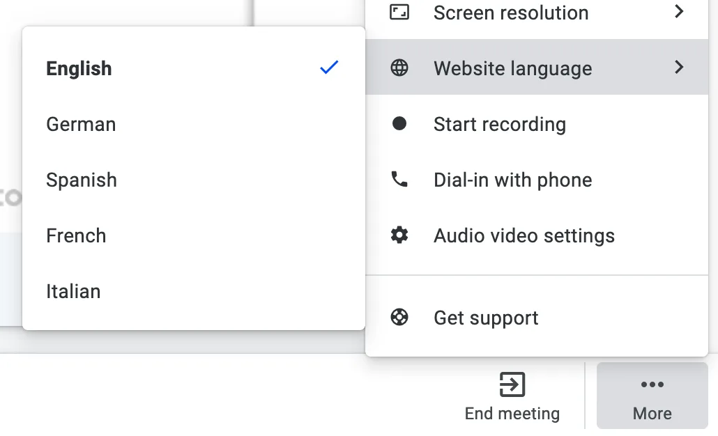 Website language submenu in the in-meeting More menu, with English selected among four languages