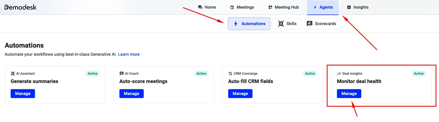 Navigation highlighting the Agents menu, Automations tab, and the Deal insights Manage button