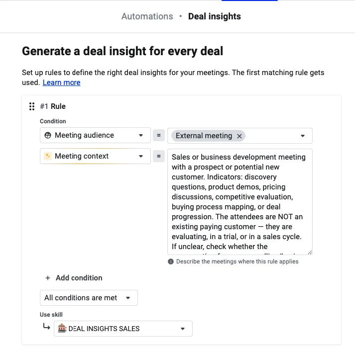 Deal insight rule configuring meeting audience and meeting context conditions with a Deal Insights skill selected