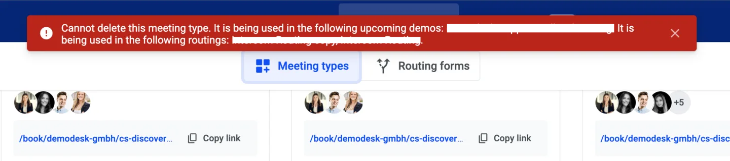 Warning banner blocking deletion of a meeting type still used in upcoming demos and routings