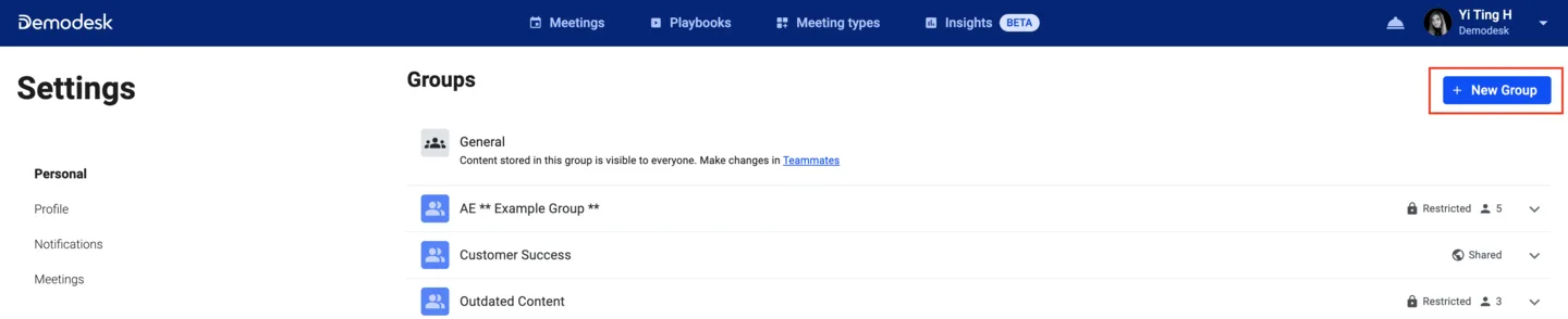 Groups settings page with the New Group button highlighted in the top right