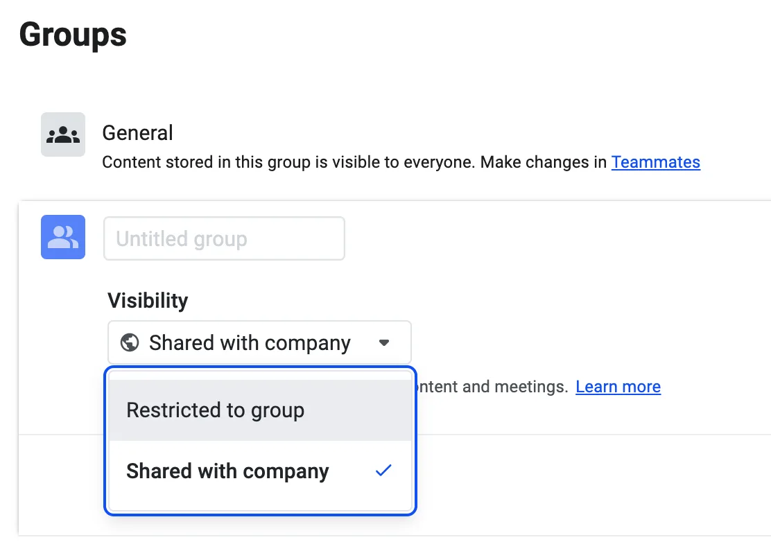 New group dialog with the Visibility dropdown open, showing Restricted to group and Shared with company