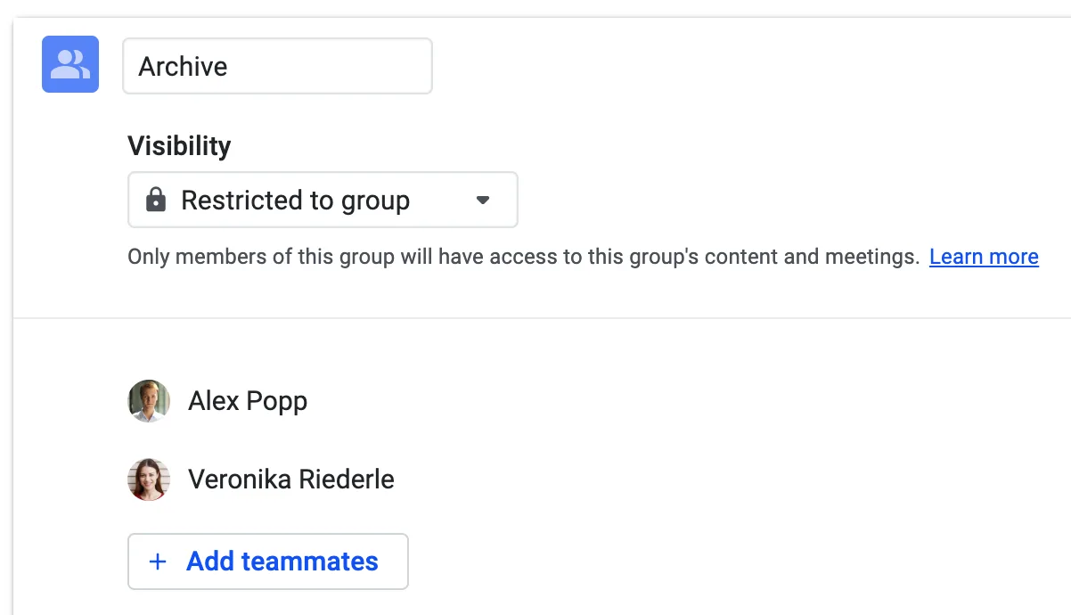 Archive group configured with Restricted to group visibility and two admins added as members