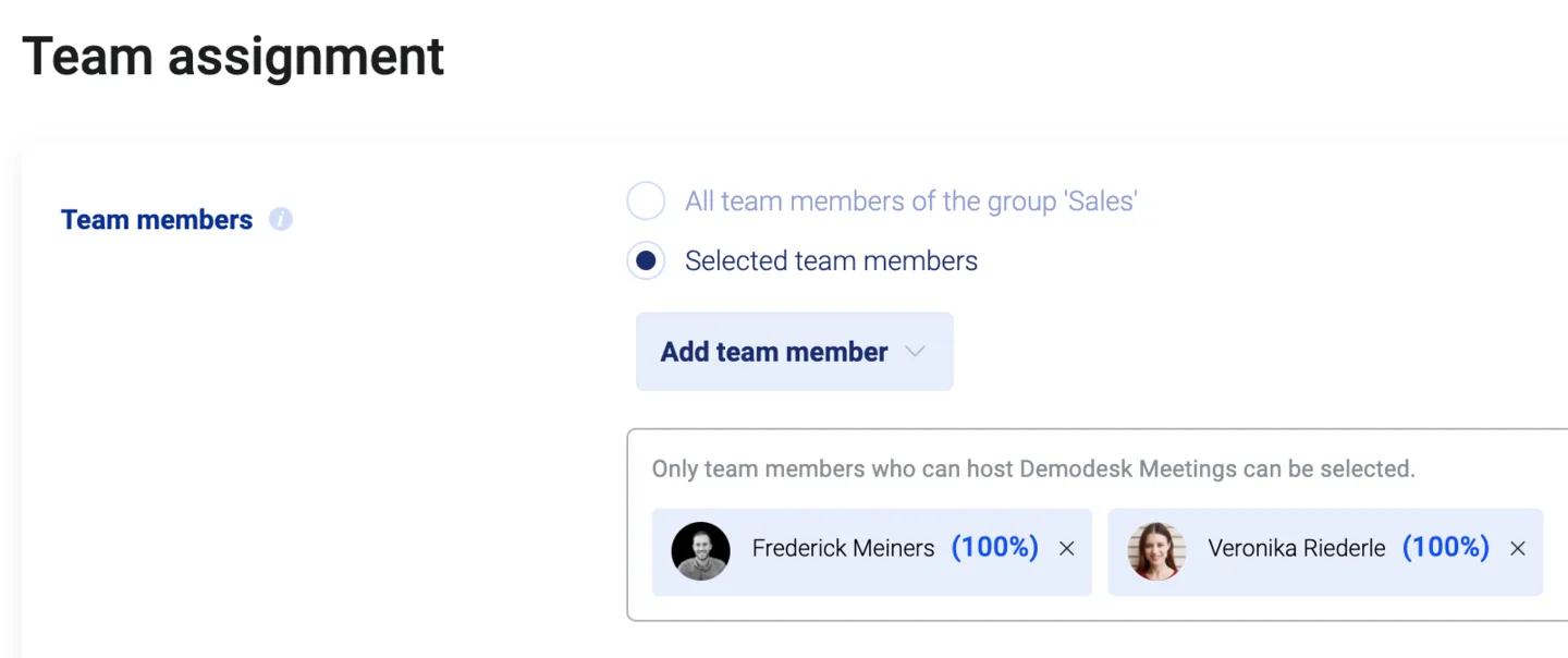 Meeting type team assignment set to selected team members, showing two admins added at 100 percent