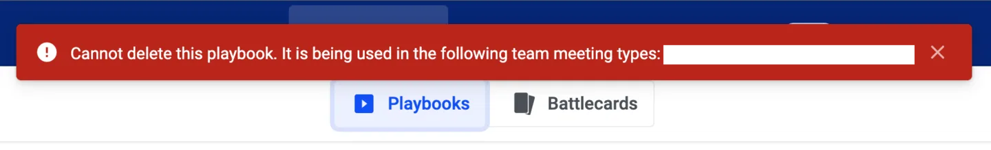 Warning banner blocking deletion of a playbook still used in team meeting types