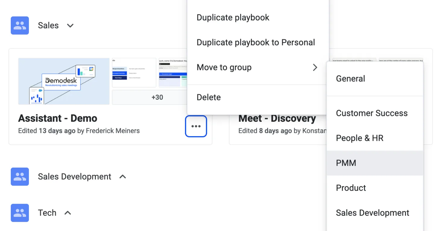 Playbook card context menu open with the Move to group submenu showing the list of groups