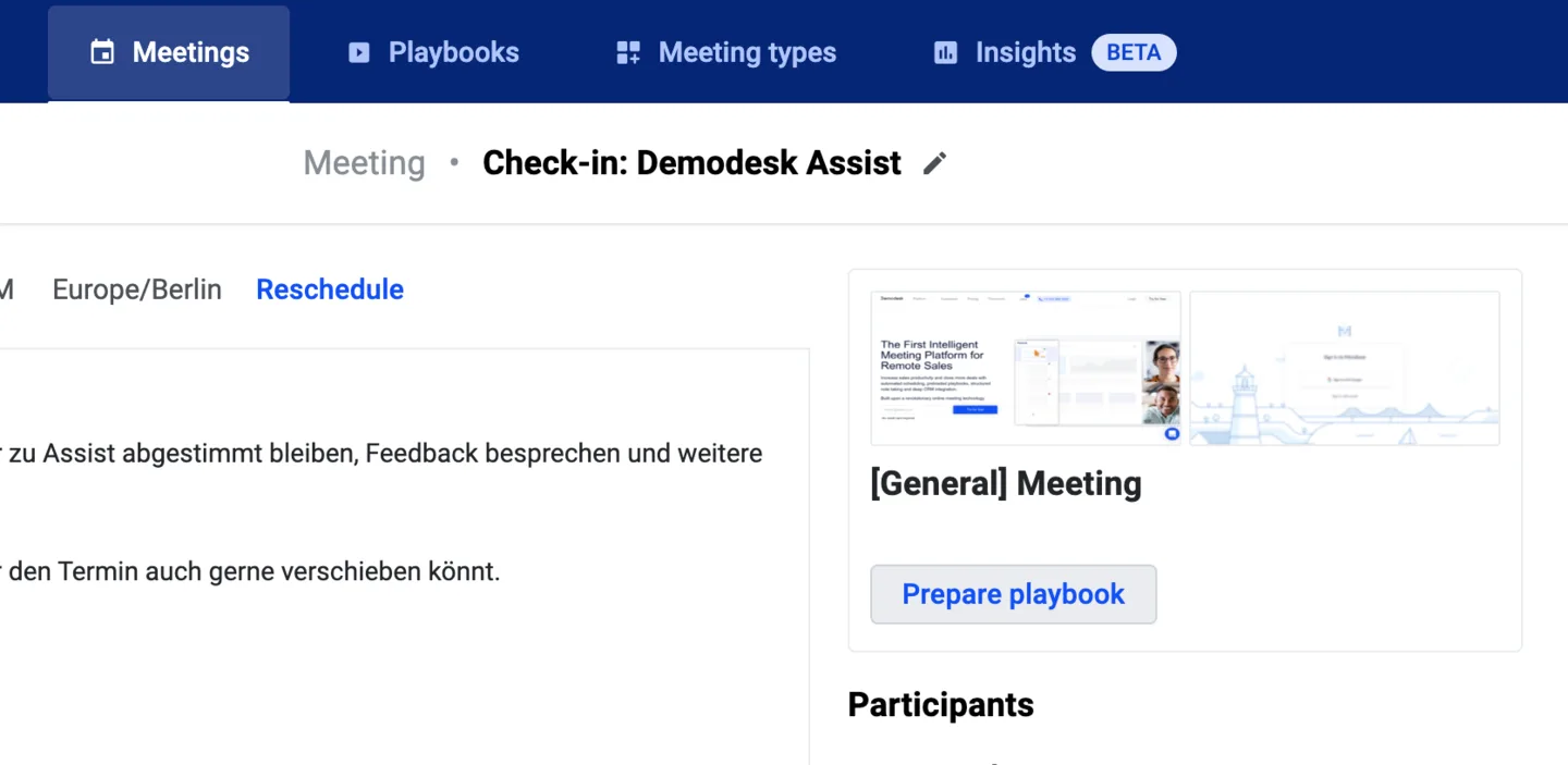 Meeting detail page for a check-in meeting with the Reschedule link and Prepare playbook button