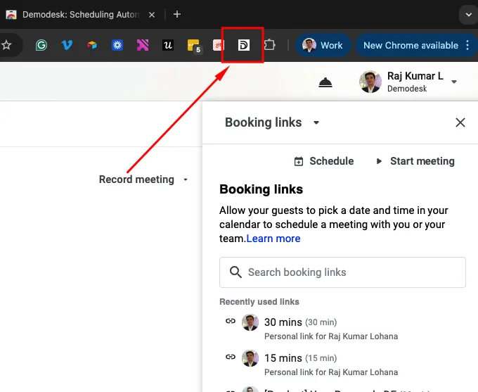 Chrome toolbar with the pinned Demodesk extension icon highlighted next to an open booking links panel