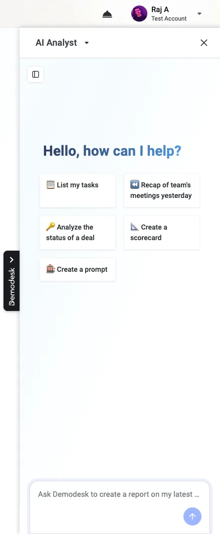 Demodesk Chrome extension opened directly to the AI Analyst view with quick-action suggestions