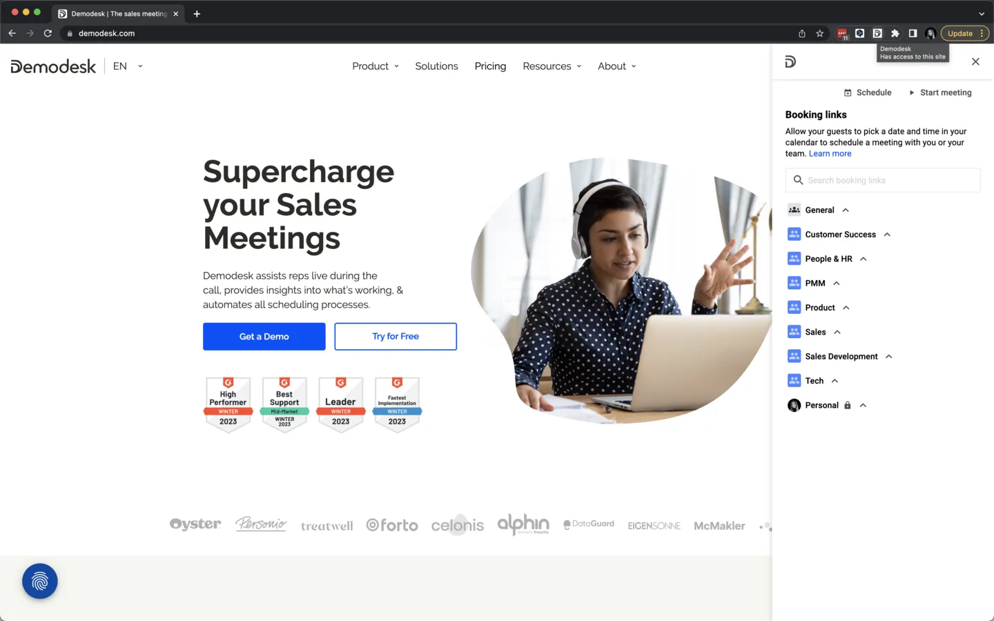 Chrome extension sidebar open on a webpage, listing booking link categories like Sales and Product