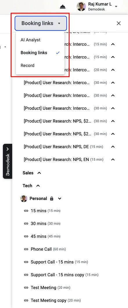 Extension view switcher dropdown open, showing AI Analyst, Booking links, and Record options