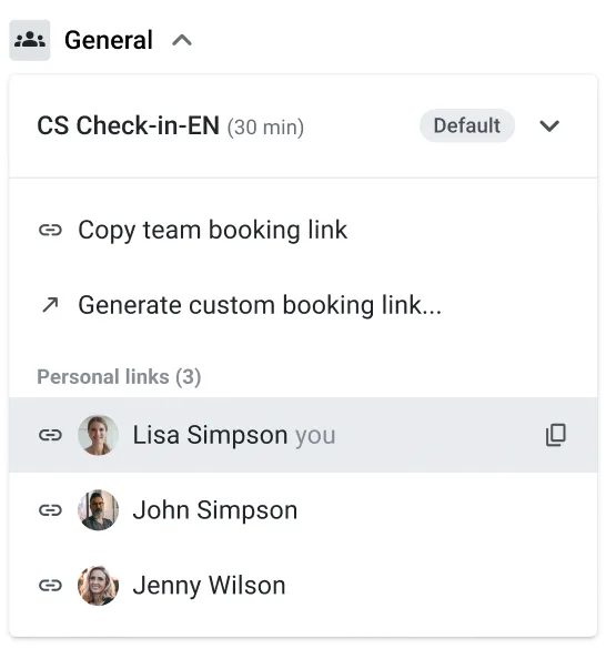General booking link category expanded with team link, custom link option, and personal links list