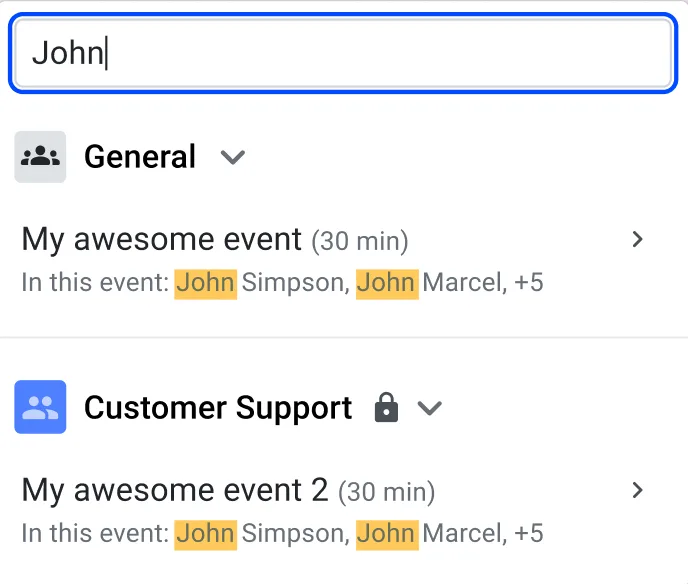 Search field with “John” typed, showing matching meeting types and assigned people highlighted