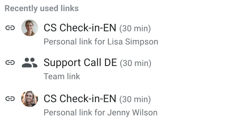 Recently used links list showing three recent booking links with names and durations