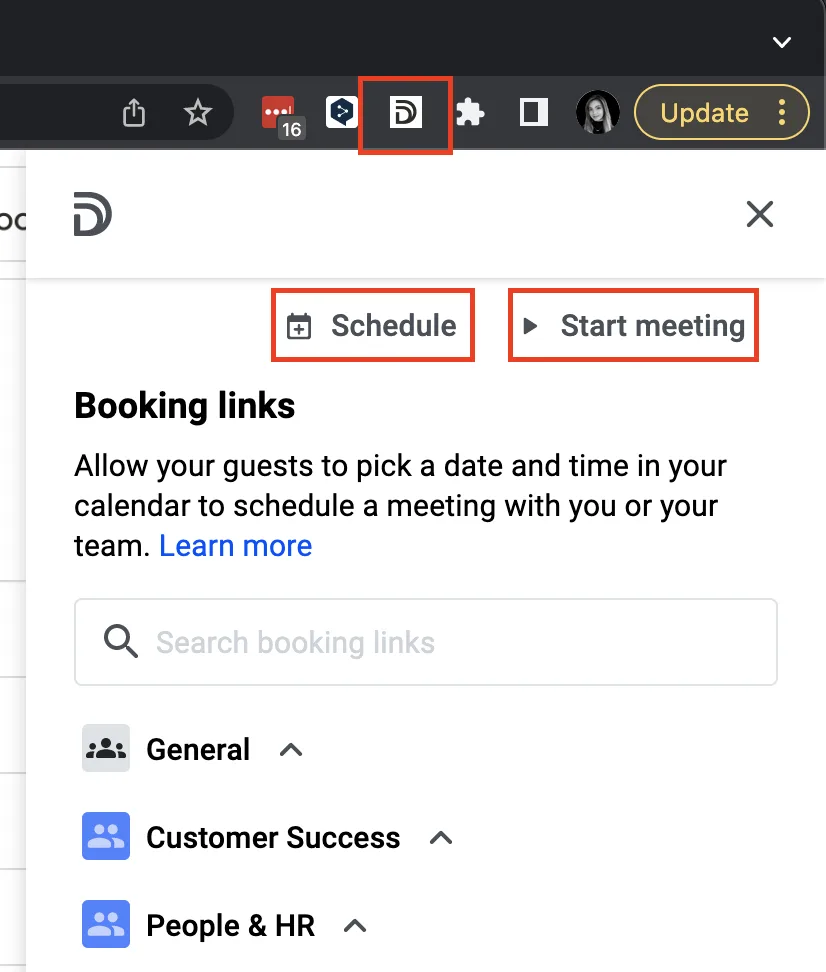 Extension icon and the Schedule and Start meeting buttons highlighted in the popup