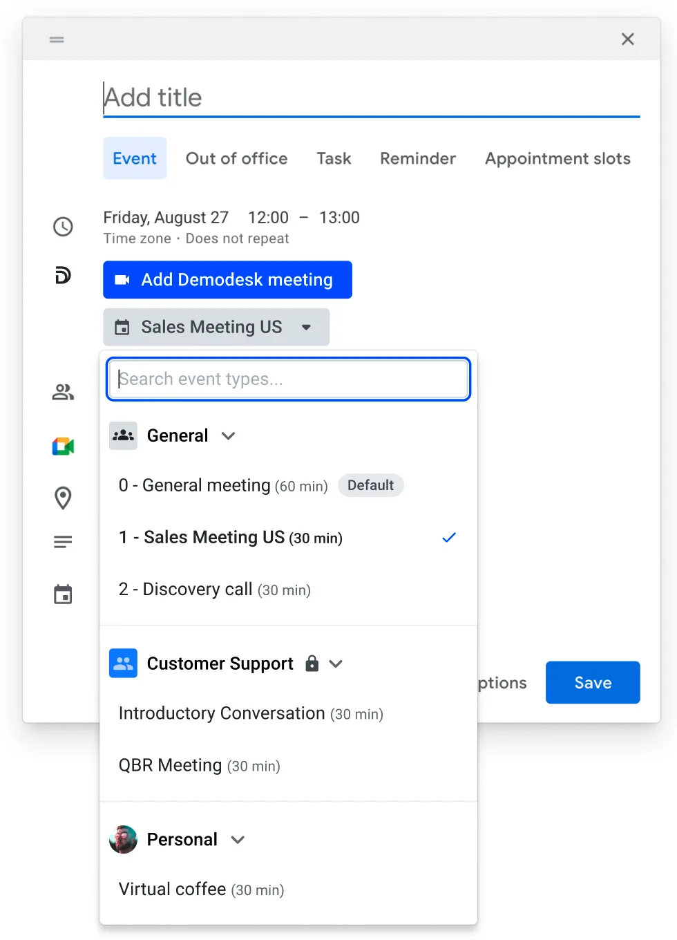 Google Calendar event dialog with Add Demodesk meeting button and event type dropdown open
