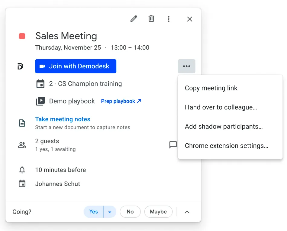 Calendar event popup with Join with Demodesk button and the meeting options menu open