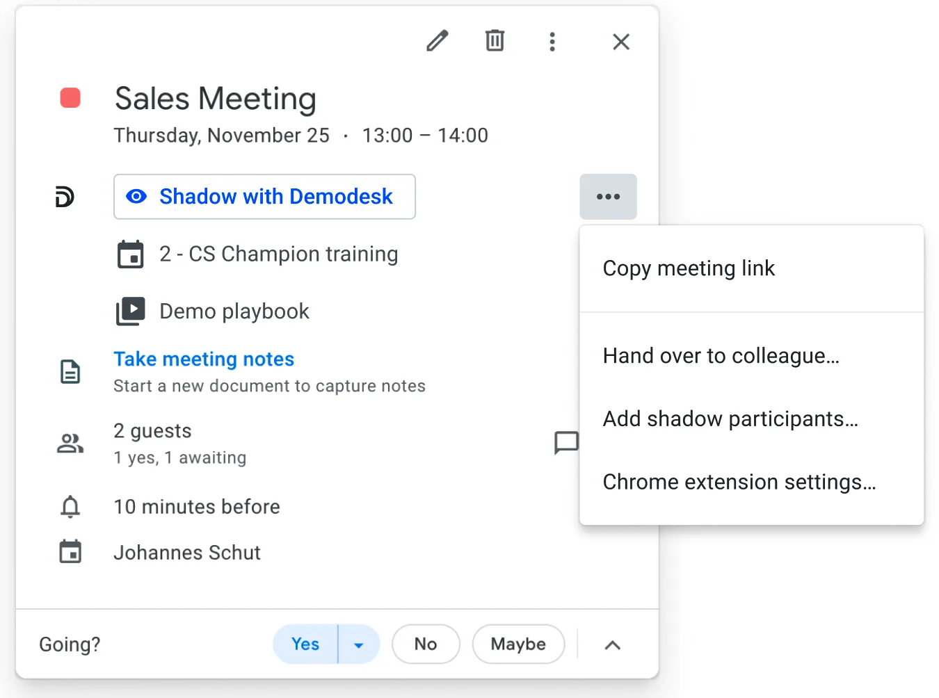 Calendar event popup for a colleague's meeting showing the Shadow with Demodesk button