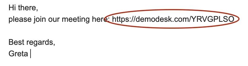 Email invite with the Demodesk meeting join link circled in the message body