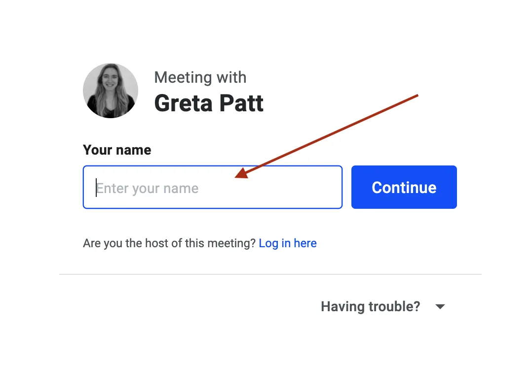 Join screen prompting the participant to enter their name before clicking Continue