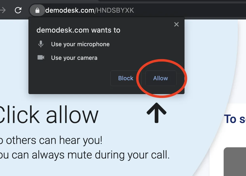 Browser permission prompt for microphone and camera access with Allow highlighted