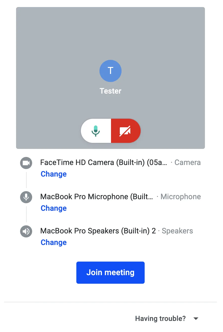Pre-join screen with camera off and microphone on, device list, and Join meeting button
