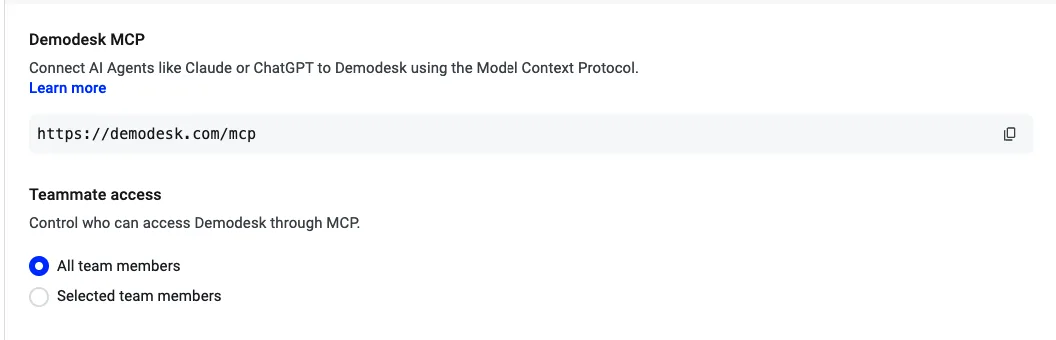 Demodesk MCP settings with the server URL and teammate access set to all team members