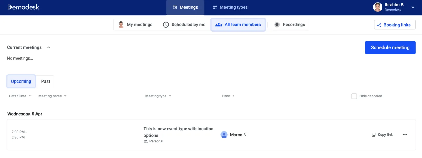 Meetings tab with All team members selected, showing the upcoming meetings list and Schedule meeting button