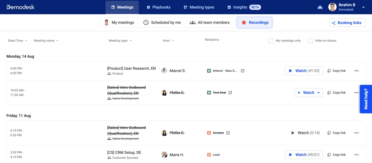 Recordings tab listing past meetings with host, related deal and watch duration