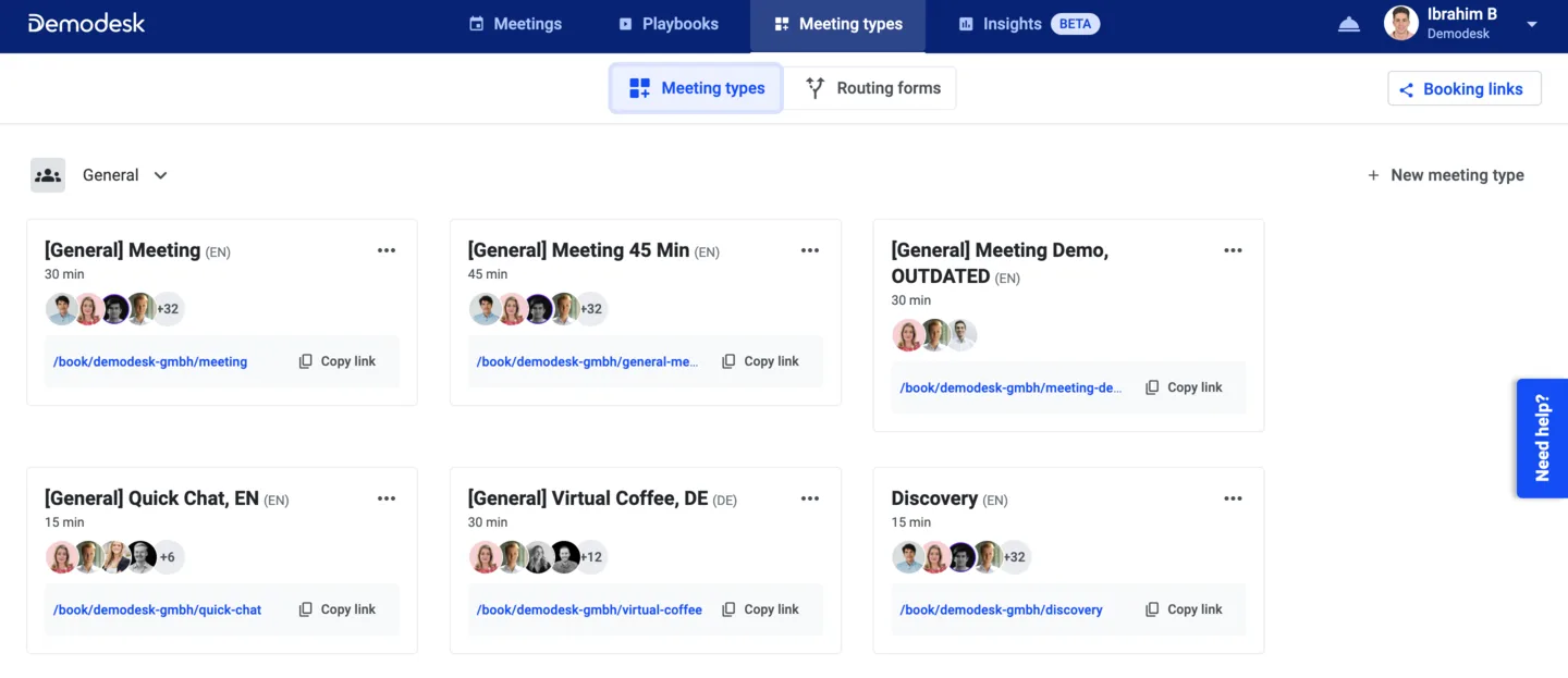 Meeting types tab showing a grid of meeting type cards with booking links