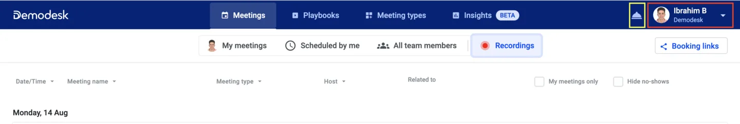 Top navigation bar with the notifications bell and profile menu both highlighted