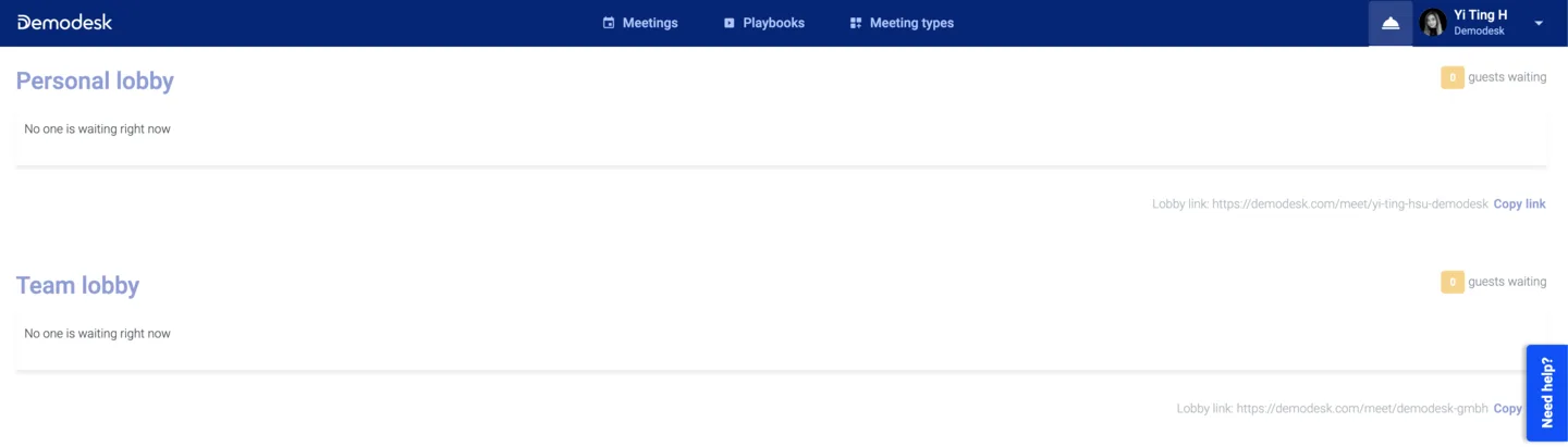 Personal and team lobby pages showing no guests waiting, each with its own lobby link and copy button
