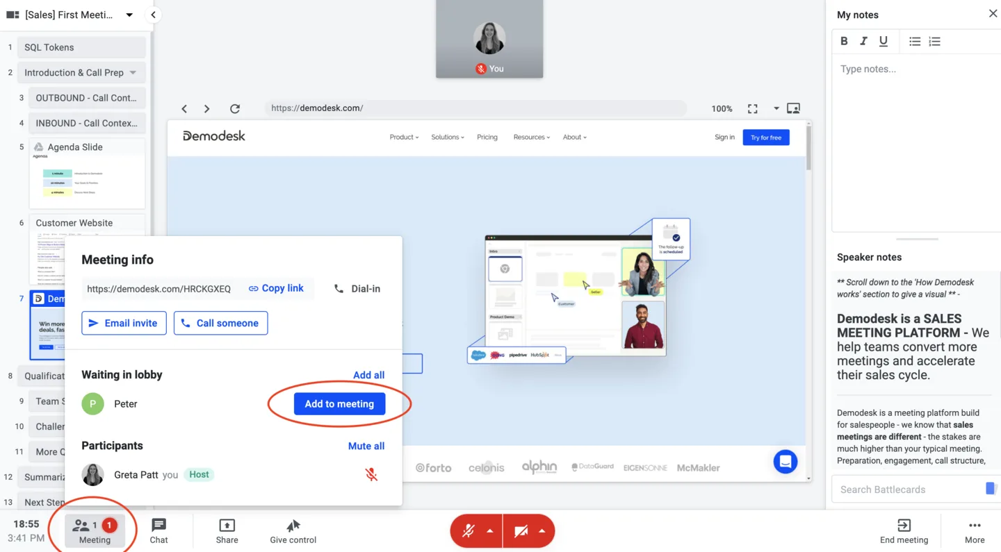 Active meeting panel showing a guest waiting in the lobby with the Add to meeting button highlighted